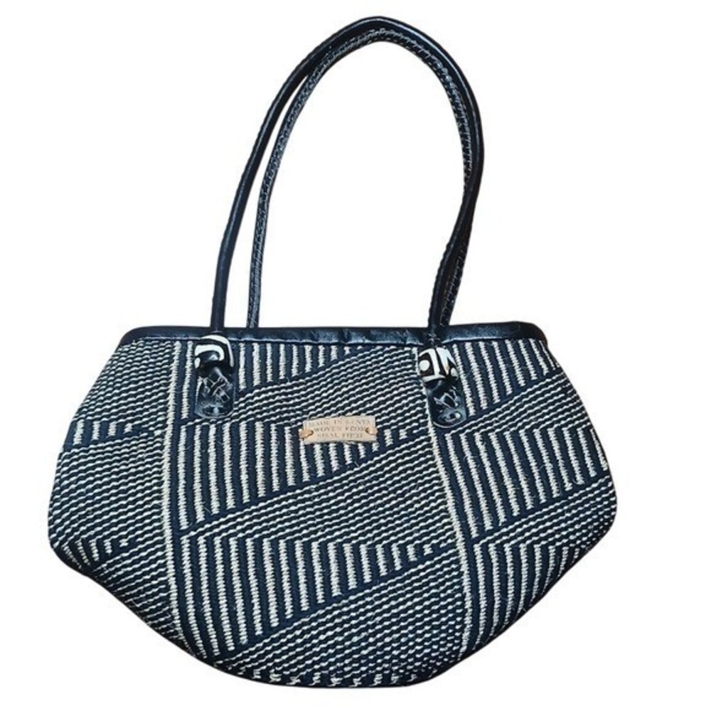 Tote Bag Womens Large‎ Black Sisal Fiber Woven Leather Trim Made In Kenya